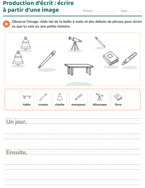 Aperçu de la fiche Production d'écrit avec Salle de classe (N&B) pour CE1 (cours élémentaire 1)