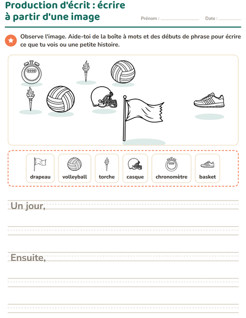 Aperçu de la fiche Production d'écrit avec Sports NB 2 pour CE1 (cours élémentaire 1)
