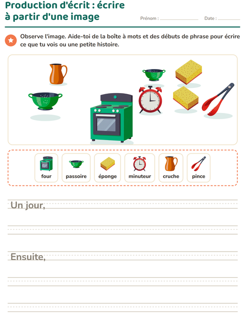 Aperçu de la fiche Production d'écrit avec Ustensiles de cuisine pour CE1 (cours élémentaire 1)