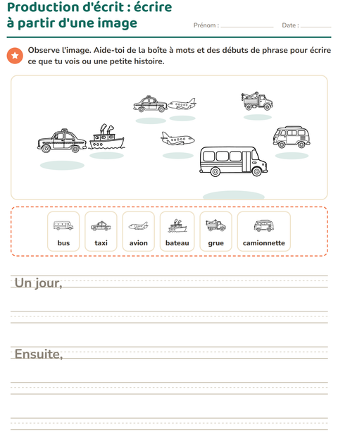 Aperçu de la fiche Production d'écrit avec Véhicules NB 2 pour CE1 (cours élémentaire 1)