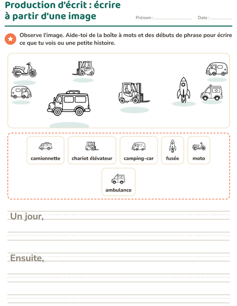 Aperçu de la fiche Production d'écrit avec Véhicules NB 3 pour CE1 (cours élémentaire 1)