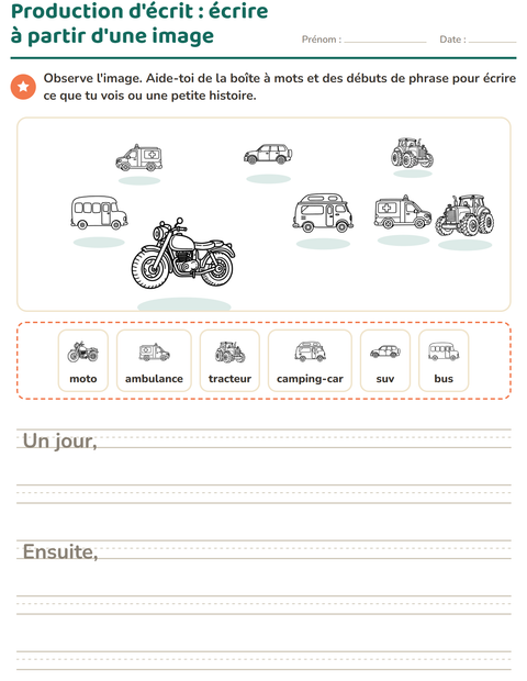 Aperçu de la fiche Production d'écrit avec Véhicules NB pour CE1 (cours élémentaire 1)