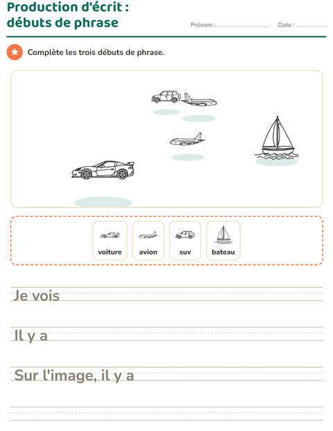 Aperçu de la fiche Production d'écrit avec Véhicules NB pour CE1 (cours élémentaire 1)