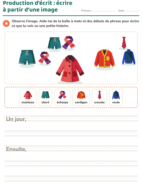 Aperçu de la fiche Production d'écrit avec Vêtements pour CE1 (cours élémentaire 1)