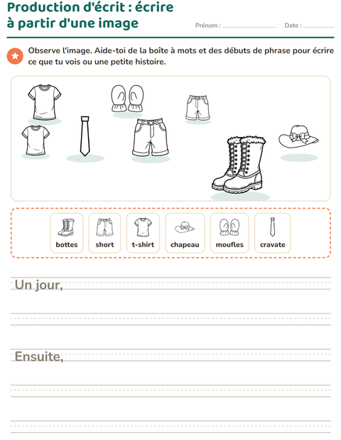 Aperçu de la fiche Production d'écrit avec Vêtements NB pour CE1 (cours élémentaire 1)