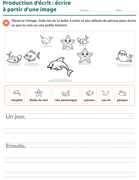 Aperçu de la fiche Production d'écrit avec Vie marine NB 2 pour CE1 (cours élémentaire 1)