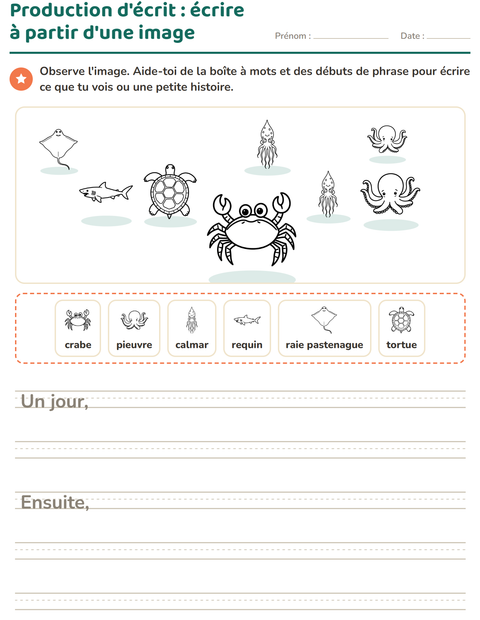 Aperçu de la fiche Production d'écrit avec Vie marine NB pour CE1 (cours élémentaire 1)