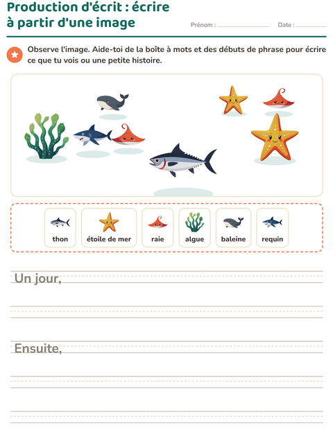 Aperçu de la fiche Production d'écrit avec Vie océanique pour CE1 (cours élémentaire 1)