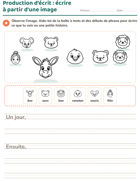 Aperçu de la fiche Production d'écrit avec Visages NB pour CE1 (cours élémentaire 1)