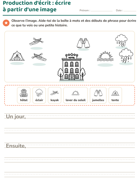 Aperçu de la fiche Production d'écrit avec Voyages et Vacances NB pour CE1 (cours élémentaire 1)