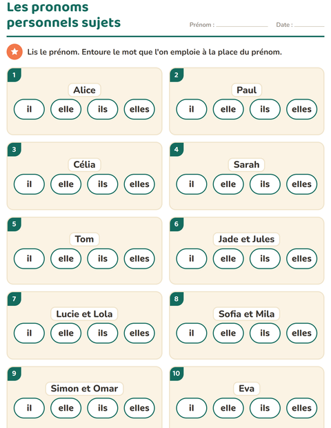 Aperçu de la fiche Les pronoms personnels sujets pour CP (cours préparatoire)