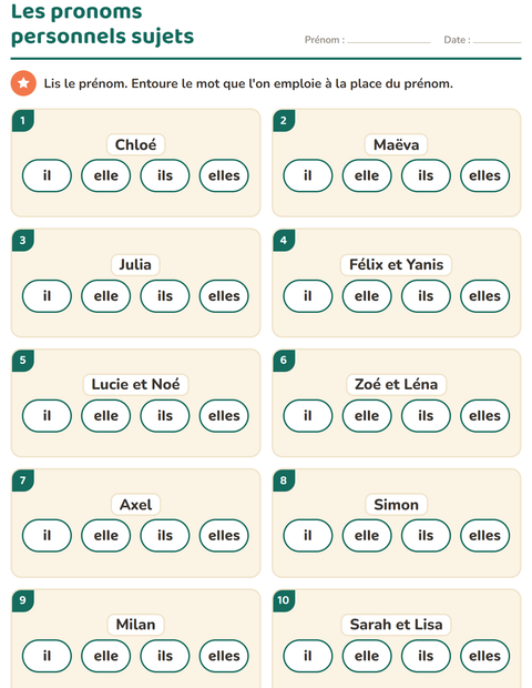Aperçu de la fiche Les pronoms personnels sujets pour CP (cours préparatoire)