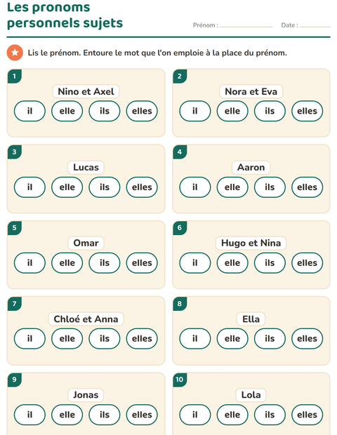 Aperçu de la fiche Les pronoms personnels sujets pour CP (cours préparatoire)