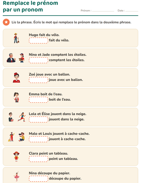 Aperçu de la fiche Les pronoms personnels sujets pour CP (cours préparatoire)