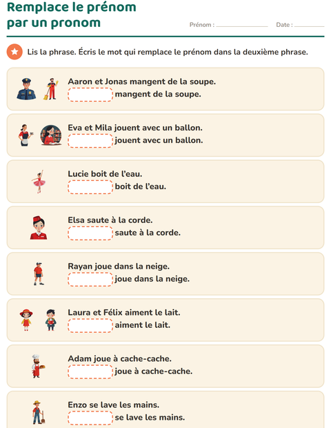 Aperçu de la fiche Les pronoms personnels sujets pour CP (cours préparatoire)
