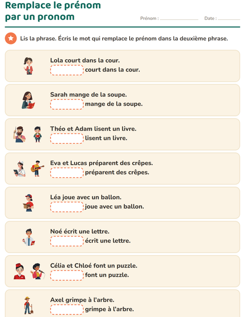 Aperçu de la fiche Les pronoms personnels sujets pour CP (cours préparatoire)