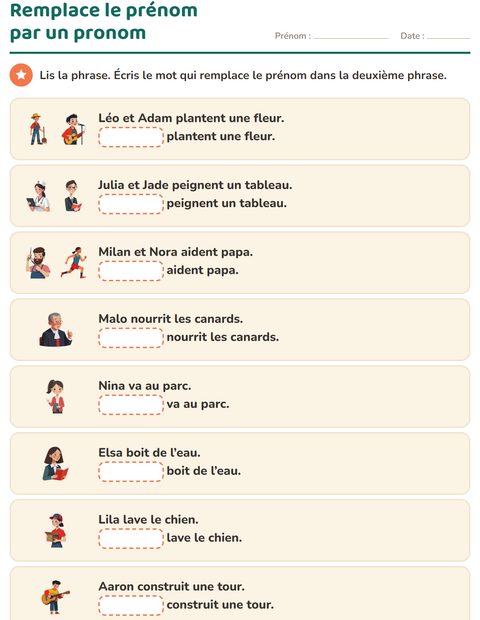 Aperçu de la fiche Les pronoms personnels sujets pour CP (cours préparatoire)