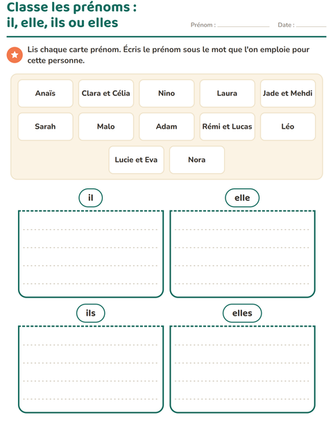 Aperçu de la fiche Les pronoms personnels sujets pour CP (cours préparatoire)