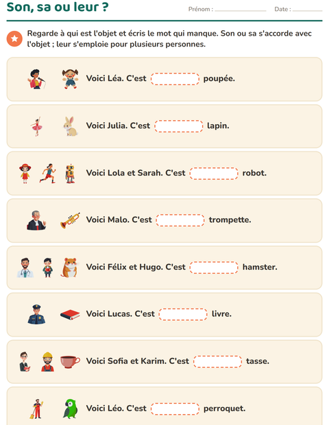 Aperçu de la fiche Les pronoms personnels sujets pour CE1 (cours élémentaire 1)