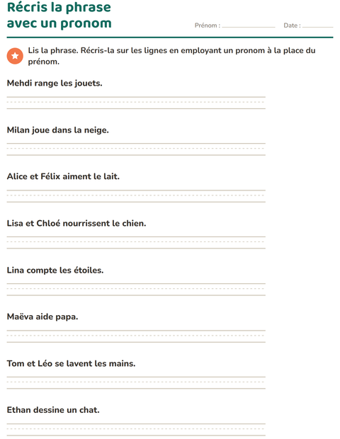 Aperçu de la fiche Les pronoms personnels sujets pour CE1 (cours élémentaire 1)