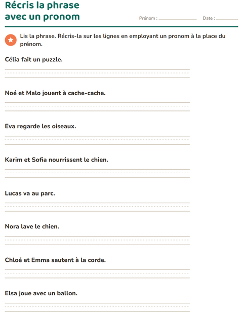 Aperçu de la fiche Les pronoms personnels sujets pour CE1 (cours élémentaire 1)