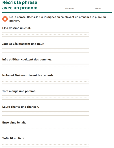 Aperçu de la fiche Les pronoms personnels sujets pour CE1 (cours élémentaire 1)