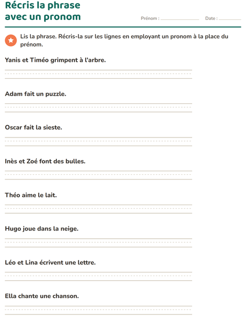Aperçu de la fiche Les pronoms personnels sujets pour CE1 (cours élémentaire 1)