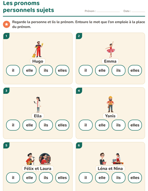 Aperçu de la fiche Les pronoms personnels sujets pour CP (cours préparatoire)