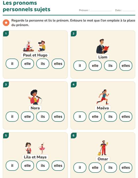 Aperçu de la fiche Les pronoms personnels sujets pour CP (cours préparatoire)