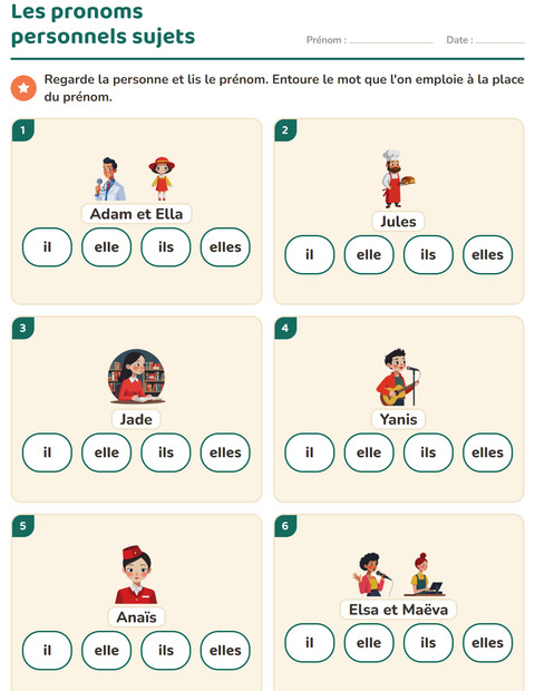 Aperçu de la fiche Les pronoms personnels sujets pour CP (cours préparatoire)