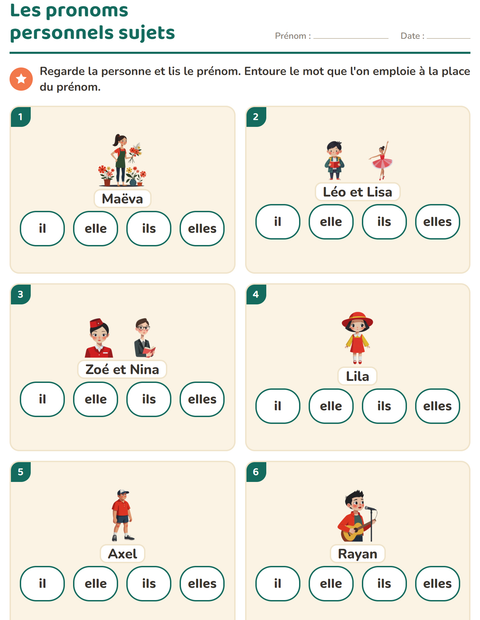 Aperçu de la fiche Les pronoms personnels sujets pour CP (cours préparatoire)