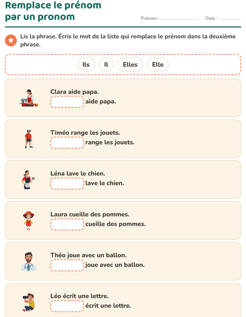 Aperçu de la fiche Les pronoms personnels sujets pour CP (cours préparatoire)