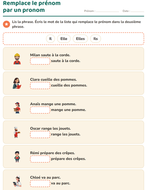 Aperçu de la fiche Les pronoms personnels sujets pour CP (cours préparatoire)