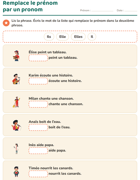 Aperçu de la fiche Les pronoms personnels sujets pour CP (cours préparatoire)