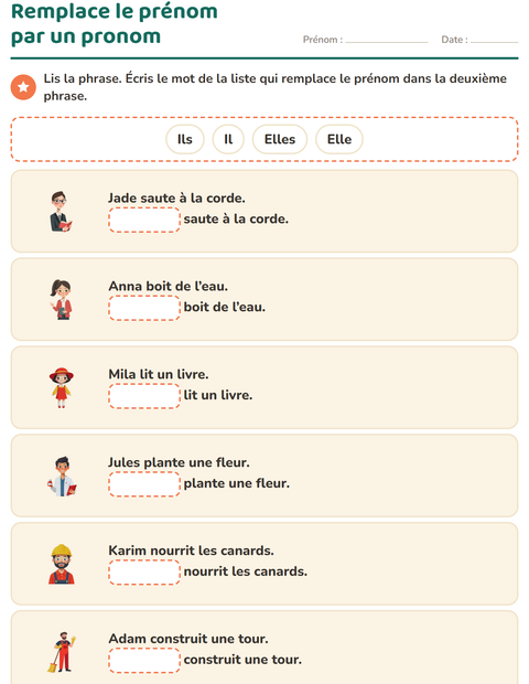 Aperçu de la fiche Les pronoms personnels sujets pour CP (cours préparatoire)