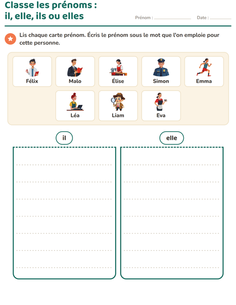 Aperçu de la fiche Les pronoms personnels sujets pour CP (cours préparatoire)