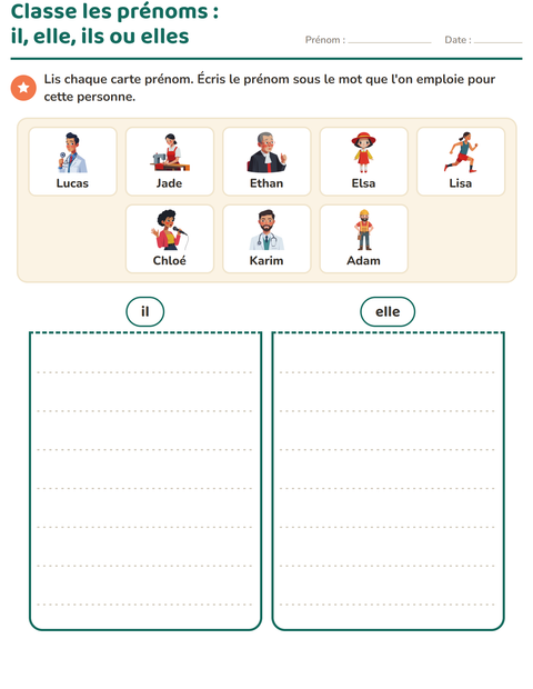 Aperçu de la fiche Les pronoms personnels sujets pour CP (cours préparatoire)