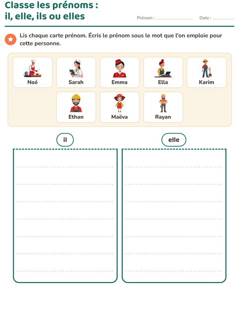Aperçu de la fiche Les pronoms personnels sujets pour CP (cours préparatoire)