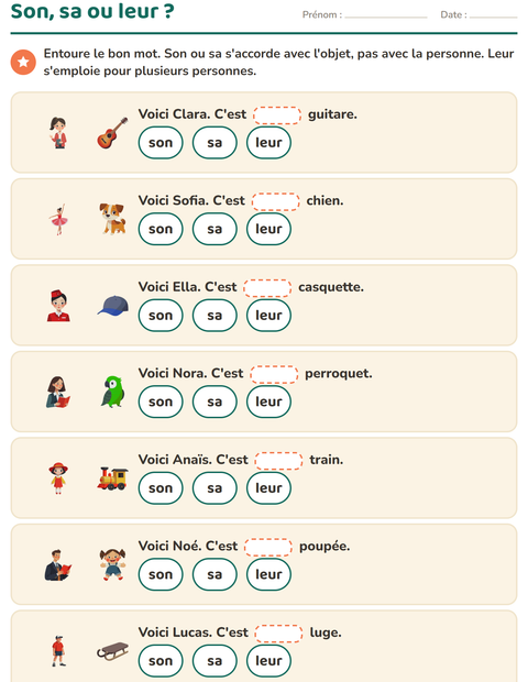 Aperçu de la fiche Les pronoms personnels sujets pour CE1 (cours élémentaire 1)