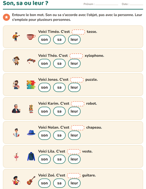 Aperçu de la fiche Les pronoms personnels sujets pour CE1 (cours élémentaire 1)