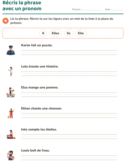 Aperçu de la fiche Les pronoms personnels sujets pour CE1 (cours élémentaire 1)