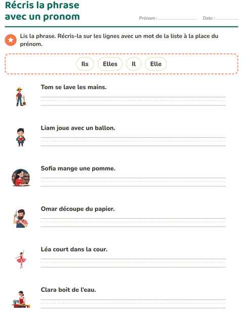 Aperçu de la fiche Les pronoms personnels sujets pour CE1 (cours élémentaire 1)
