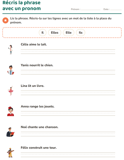 Aperçu de la fiche Les pronoms personnels sujets pour CE1 (cours élémentaire 1)