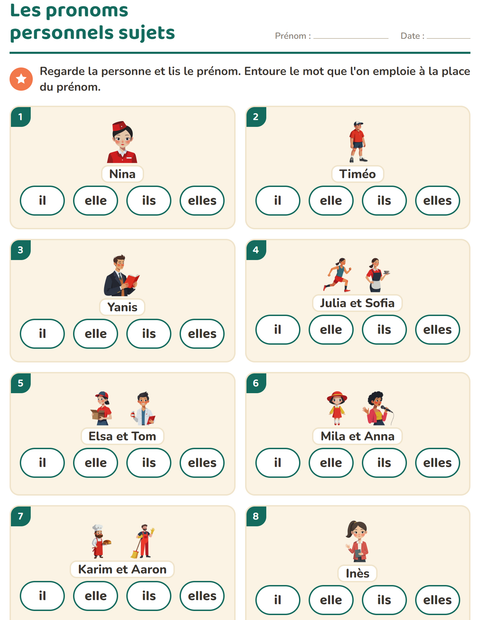 Aperçu de la fiche Les pronoms personnels sujets pour CP (cours préparatoire)