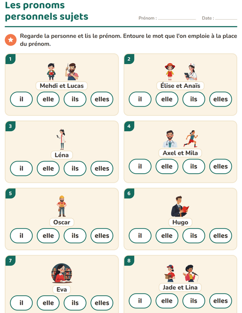 Aperçu de la fiche Les pronoms personnels sujets pour CP (cours préparatoire)