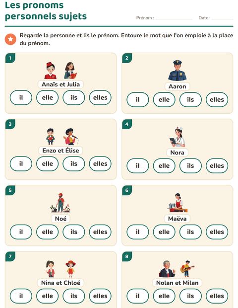 Aperçu de la fiche Les pronoms personnels sujets pour CP (cours préparatoire)