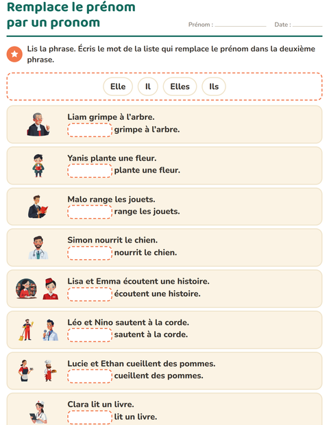 Aperçu de la fiche Les pronoms personnels sujets pour CP (cours préparatoire)