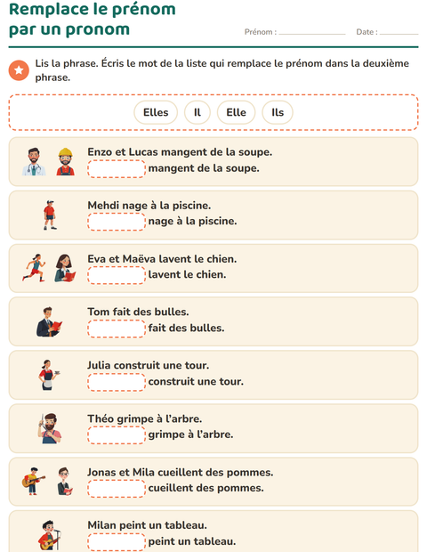 Aperçu de la fiche Les pronoms personnels sujets pour CP (cours préparatoire)