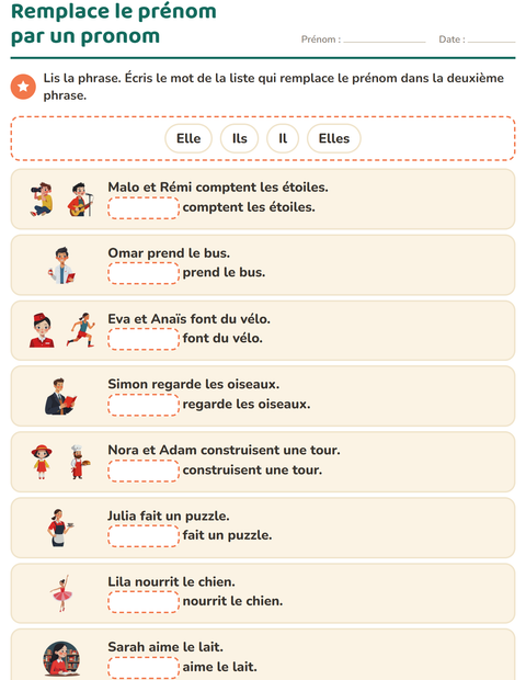 Aperçu de la fiche Les pronoms personnels sujets pour CP (cours préparatoire)