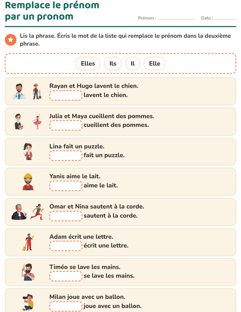 Aperçu de la fiche Les pronoms personnels sujets pour CP (cours préparatoire)
